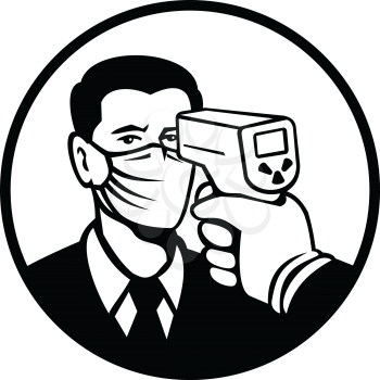Retro style illustration of a man wearing mask being screened using a non contact forehead infrared body temperature scanner inside circle on isolated background in black and white.