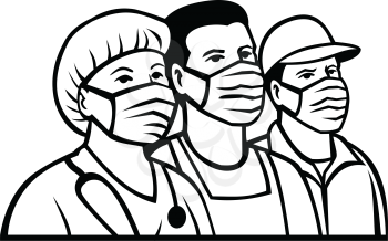 Mascot illustration of front line or essential worker like nurse, delivery, transportation, pharmacy, police, fire, postal, agriculture, EMS,  hospice workers wearing surgical mask in black and white.