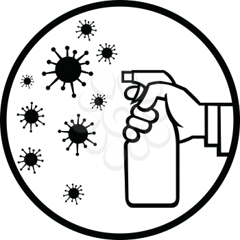 Icon retro style illustration of a hand spraying disinfectant spray on  influenza flu virus or germ bacterial set inside circle on isolated background in black and white.
