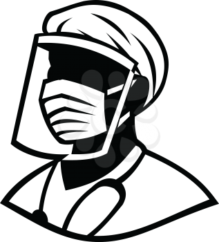 Black and White illustration of bust of a medical professional, nurse, doctor, healthcare or essential worker wearing a PPE, protective personal equipment face mask isolated background in retro style.