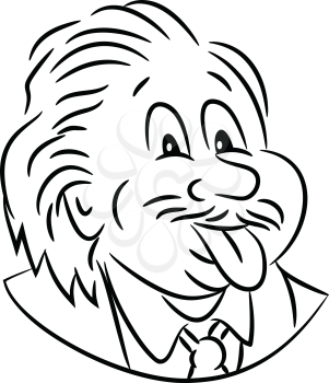 Black and White Cartoon style illustration of head of nerdy genius scientist Albert Einstein sticking his tongue out viewed from front on isolated white background.
