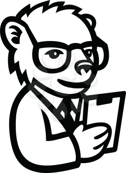 Mascot icon illustration of a nerdy bear scientist wearing lab coat and holding clipboard viewed from   on isolated background in retro style.