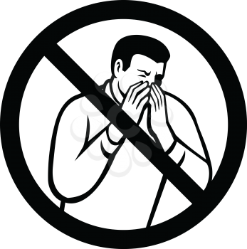 Black and white sign of no coughing or sneezing showing a man in a sneeze or cough covering or into hand to prevent the fluids and virus infection from spreading set inside circle on isolated background.