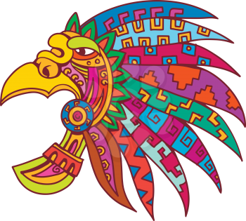 Drawing sketch style illustration of an ancient Aztec feathered headdress, a flamboyant and colourful costume piece worn by Aztec nobility, elite and priests viewed from side on isolated white background in colore.
