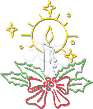 Retro style illustration showing a 1990s neon sign light signage lighting of a Christmas holiday season candle with ribbon and wreath on isolated background.