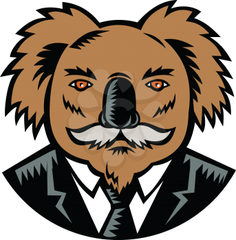 Retro woodcut style illustration of a koala, an arboreal herbivorous marsupial native to Australia, with moustache wearing a business suit coat and tie viewed from front done in full color.
