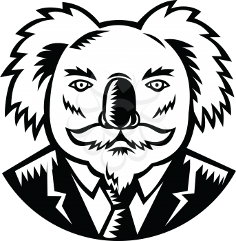 Retro woodcut style illustration of a koala, an arboreal herbivorous marsupial native to Australia, with moustache wearing a coat and tie viewed from front done in black and white.