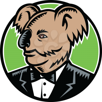 Retro woodcut style illustration of a koala bear, an arboreal herbivorous marsupial native to Australia, wearing a tuxedo black tie looking to side set inside circle done in full color.