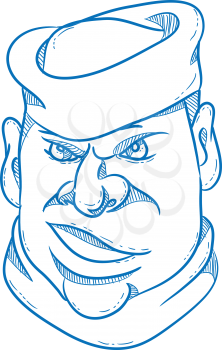 Cartoon style illustration of an angry sailor, sailorman, seaman, mariner, or seafarer wearing a sailor cap viewed from front on isolated background.