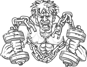 Cartoon style illustration of a buffed or ripped athlete with goatie and dumbbells breaking free from chains and shackle viewed from front done in black and white.