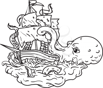 Doodle art illustration of a kraken, a legendary cephalopod-like giant sea monster attacking a sailing ship with its tentacles on sea with tumultuous waves done in  black and white drawing style.