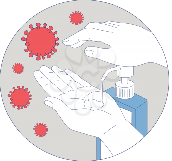 Mono line illustration of microscopic coronavirus cell floating with hand pumping hand sanitizer antiseptic disinfectant soap dispenser cleaning and disinfecting to prevent infection set in circle.
