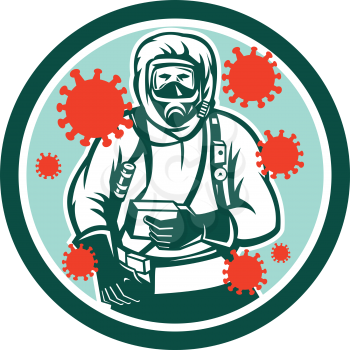 Illustration of a doctor or medical worker in protective or hazchem suit viewed from front with coronavirus or covid-19 floating set inside circle on isolated background done in retro style.