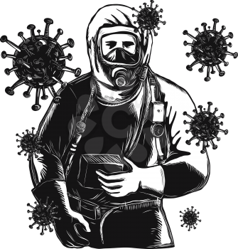 Scratchboard style illustration of an EMT,Emergency Medical Technician, firefighter, Paramedic, researcher,  Worker Wearing Hazmat Suit done on scraperboard on isolated background.
