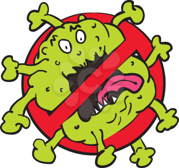 Cartoon style illustration of a sign or symbol that says ban, stop coronoavirus or  COVID-19 being stamp out and prohibited on isolated white background.