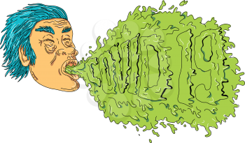 Grime art style illustration of a man with coronavirus, COVID-19 or 2019-nCoV, coughing or sneezing and spreading the virus infection on isolated white background
