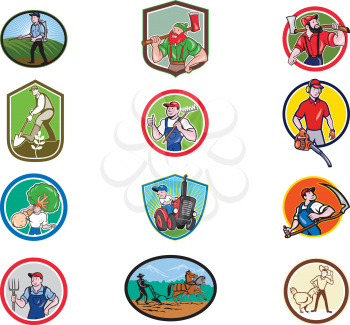 Set or collection of cartoon character mascot style illustration of farmer, gardener, agriculturist, horticulturist, landscaper, lumberjack set in circle or crest on isolated white background.