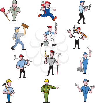 Set or collection of cartoon character mascot illustration of tradesman, industrial worker like plumber, mechanic, mason, carpenter, construction worker, handyman, painter on isolated background.