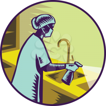 Retro woodcut style illustration of a female doctor, health professional or nurse wearing surgical mask spraying disinfectant spray on sink viewed from side set in circle on isolated background.