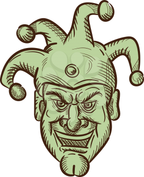 Drawing sketch style illustration of head of a demented medieval court jester, harlequin or fool with a sarcastic silly grin or smile on isolated white background.
