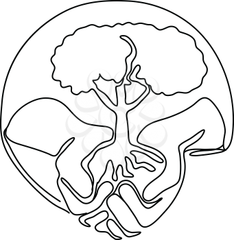 Continuous line illustration of a hand holding a tree on palm of hand set inside oval shape done in monoline style black and white.
