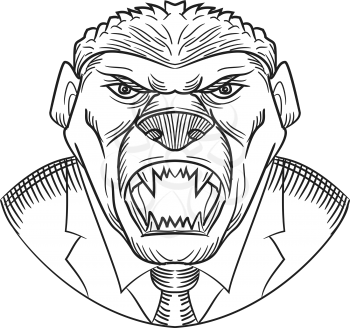 Drawing sketch style illustration head of an angry and aggressive honey badger wearing a coat and tie or business suit viewed from front on isolated white background in black and white.
