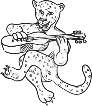 Cartoon style illustration of a happy leopard playing an acoustic guitar while sitting down done in black and white on isolated white background.