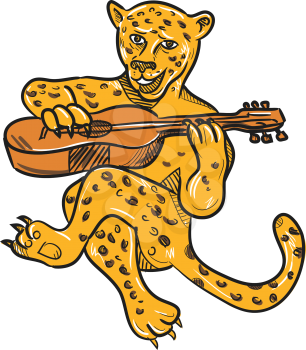 Cartoon style illustration of a happy jaguar or leopard playing an acoustic guitar while being seated or sitting down done in full color on isolated background.