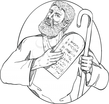 Drawing sketch style illustration of Moses, a prophet in the Abrahamic religions holding the Ten Commandments tablet and his staff set inside oval on isolated white background done in black and white.