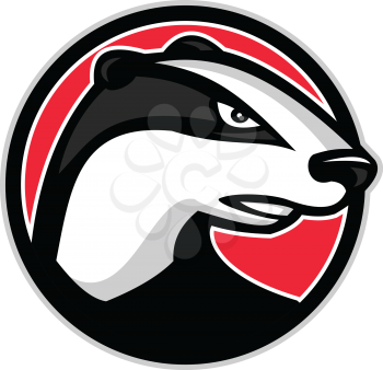 Mascot icon illustration of head of a badger, a short-legged omnivore in the families Mustelidae and Mephitidae looking to side set inside circle on isolated background in retro style.