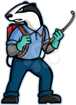 Mascot icon illustration of a badger who is a pest control exterminator carrying a pressure sprayer or pesticide spray pump backpack looking to side set inside circle on isolated background in retro style.