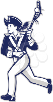 Mascot icon illustration of a female American patriot as Lacrosse player running with lacrosse stick viewed from side on isolated background in retro style.