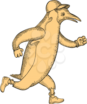 Drawing sketch style illustration of a gentoo penguin marathon runner wearing rubber shoes, gloves and cap running viewed from side on isolated background.