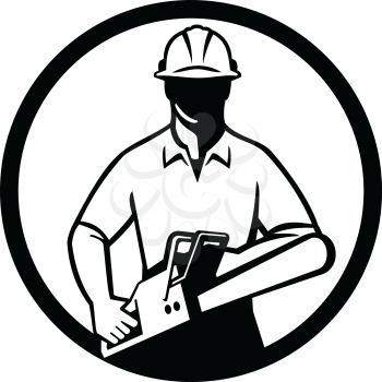 Black and White Illustration of a tree surgeon, arborist, gardener or tradesman worker wearing hard hat  holding chainsaw facing front set in circle done in retro style on isolated background.