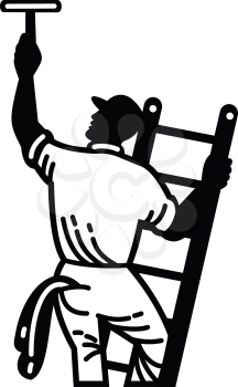 Illustration of a window cleaner worker cleaning on ladder with squeegee viewed from rear on isolated white background done in retro Black and White style.