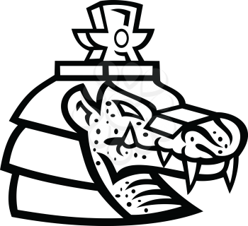 Mascot black and white illustration of head of Sobek, Sebek, Sochet, Sobk or Sobki, an ancient Egyptian deity depicted as a human with a Nile or West African crocodile head on isolated background in retro style.