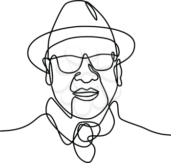 Continuous line drawing illustration head of of an Asian man or gentleman wearing a fedora hat and sunglasses viewed from front  done in sketch or doodle style. 