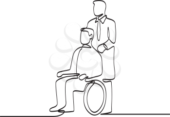Continuous line illustration of patient sitting on wheelchair with doctor or nurse caregiver done in black and white monoline style.