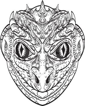Line art drawing illustration head of a reptilian humanoid or anthropomorphic reptile, legendary creature in myth and folklore part human part lizard done in monoline tattoo style black and white.