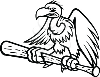 Mascot black and white illustration of a Californian or Andean condor, vulture or buzzard, a scavenging bird of prey, clutching perching on a baseball bat viewed from front isolated background in retro style.