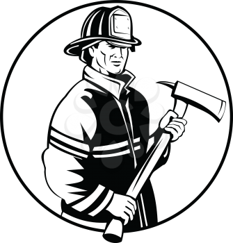 Mascot illustration of an American fireman or firefighter holding fire ax set inside circle viewed from front on isolated background in retro black and white style.