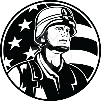 Mascot illustration of bust of American soldier military serviceman with USA stars and stripes flag of a  viewed from front set in circle on isolated background in retro black and white style.
