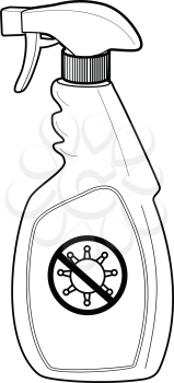 Line drawing style illustration of disinfectant spray bottle with stop pandemic virus sign viewed from side on isolated white background.