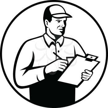 Retro style illustration of an inspector or technician with clipboard checklist writing inspecting set inside circle on isolated background done in black and white.
