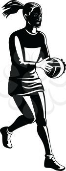 Retro black and white illustration of a netball player with ball catching and passing viewed from side on isolated white background.