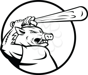 Mascot illustration of a razorback, wild boar or hog player with baseball bat batting viewed from side set inside circle on isolated background in retro black and white style.