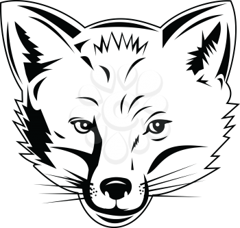 Retro style illustration of head of a red fox, largest of the true foxes and the most widely distributed members of the order Carnivora, viewed from front on isolated background in black and white.