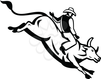Retro style illustration of an American bull rider riding a bucking bull trying to stay mounted while the animal tries to buck off viewed from side on isolated background done in black and white.