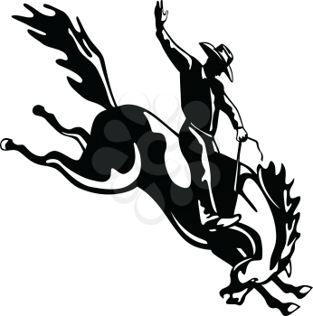 Retro style illustration of a rodeo cowboy riding a bucking bronco, a competitive equestrian sport viewed from side on isolated background done in black and white.