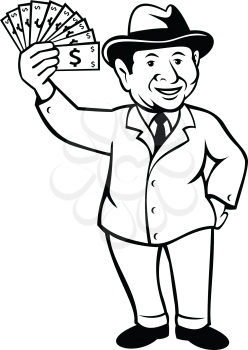 Cartoon style illustration of a vintage businessman with a wad of dollar bill, notes or money, wearing fedora hat smiling standing viewed from front on isolated background done in black and white.